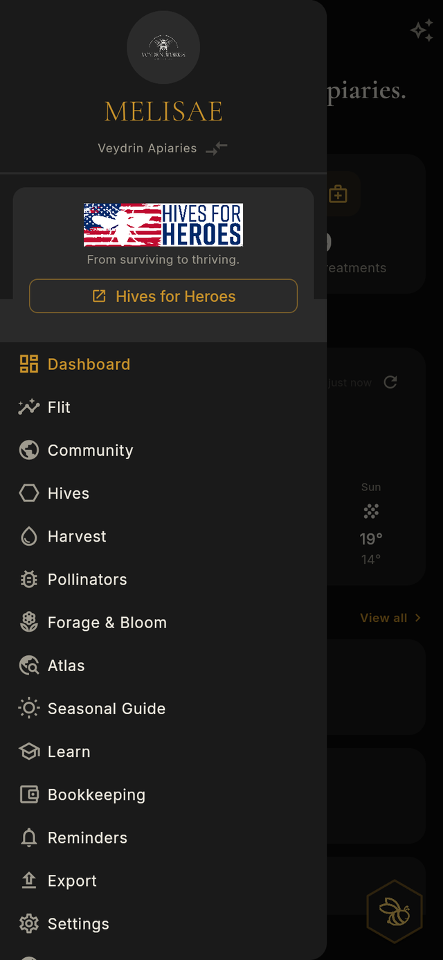 The Melisae app open to the Hives for Heroes community, showing the Hives for Heroes logo, the motto From surviving to thriving, and a link to hivesforheroes.org.
